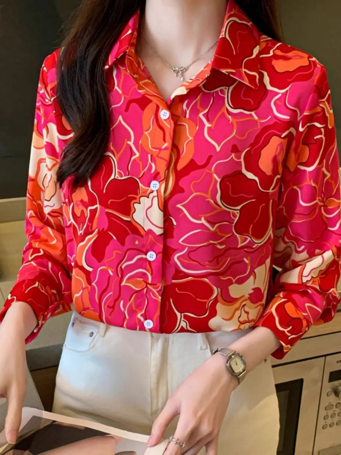 High End Red Printed Chiffon Shirt Women\'s Long Sleeved Retro Chic Outerwear Shirt Spring Autumn New Top