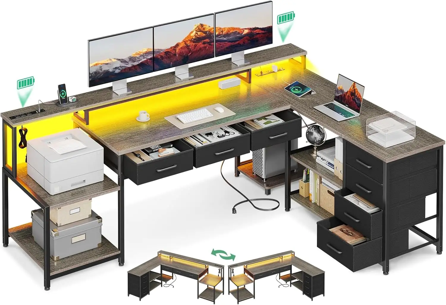 

L-shaped computer desk with 2 power sockets and display stand, home office desk with storage rack