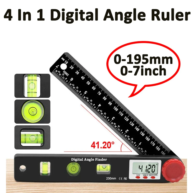 4 In 1 Digital Angle Ruler Protractor 3 Bubble Level Guage LCD Display Angle Finder Woodworking Measuring Tool 0-195mm/0-7inch