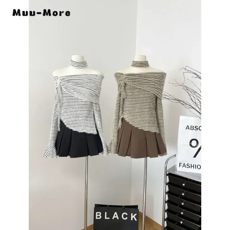 

2023 Winter Hotsweet Casual Style Jumpers Slash Neck Knitting Long Sleeve Pullovers Women Striped Sheath Ladies Sexy Sweater