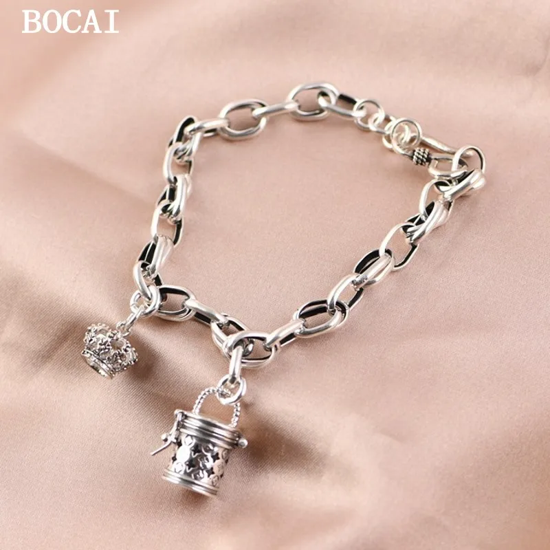 BOCAI NEW S925 Silver Bracelet Artistic Charm Silver Crown Water Bucket Star Fragrant Bag Box Pendant Women's Bracelet