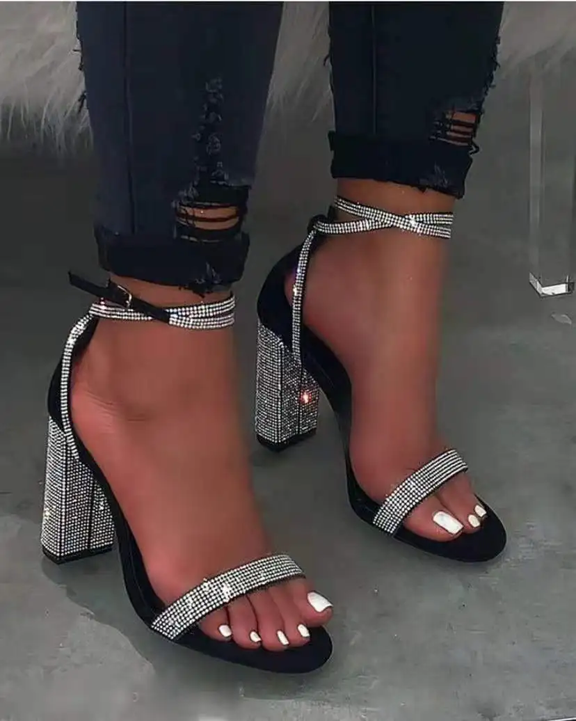 Large Size 43 Women\'s High Heel Glitter Rhinestones Thick Heel Ankle Buckle Strap Crystal Sandals Ladies Party Prom Shoes Pumps