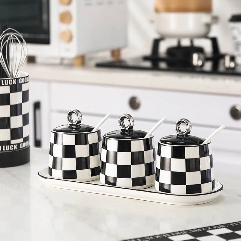 Fashion Checkerboard Ceramic Spice Jar Set Home Kitchen Items Seasoning Organizer MSG Spice Container Salt and Pepper Shakers