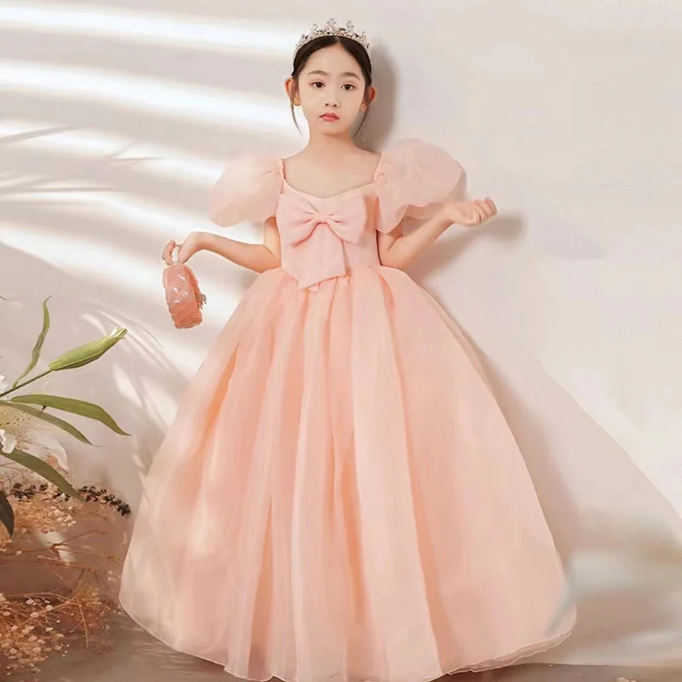 Pink Short Sleeve Tulle Puffy With Bow Simple Flower Girl Dress For Wedding Princess lovely Birthday Party First Communion Dress