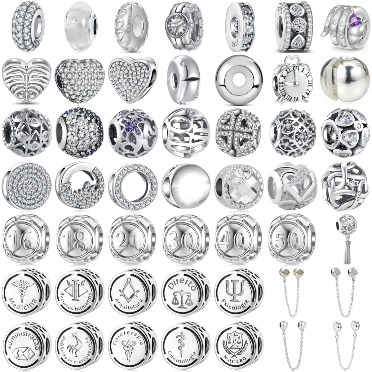 925 Sterling Silver Hollow Clock Number Profession Pattern Image Charms Bead Fit DIY Jewelry Making Gift for Women Girls