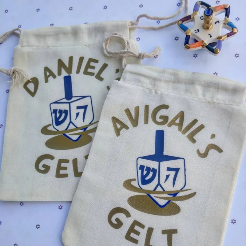 5pcs Personalized Hanukkah Gelt Bag Holiday Happy Hanukkah Gift Bags New Year Gift Bag for Party Supplies Cotton Pouch Decor