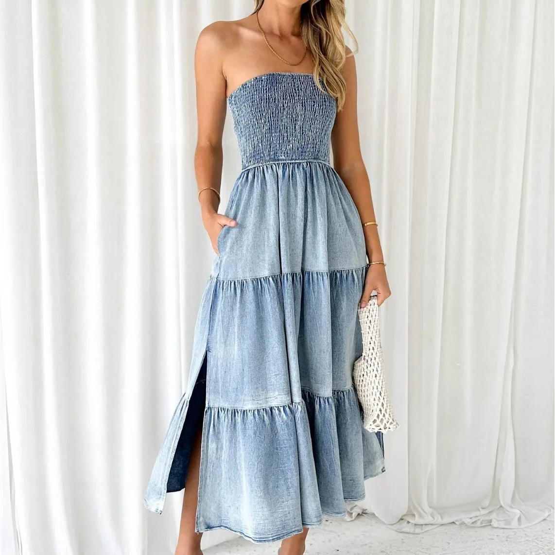 Holiday Strapless Long Dress for Summer Vestidos 2024 New Fashion Women Elegant Hem Stitching Side Split Denim Long Dress