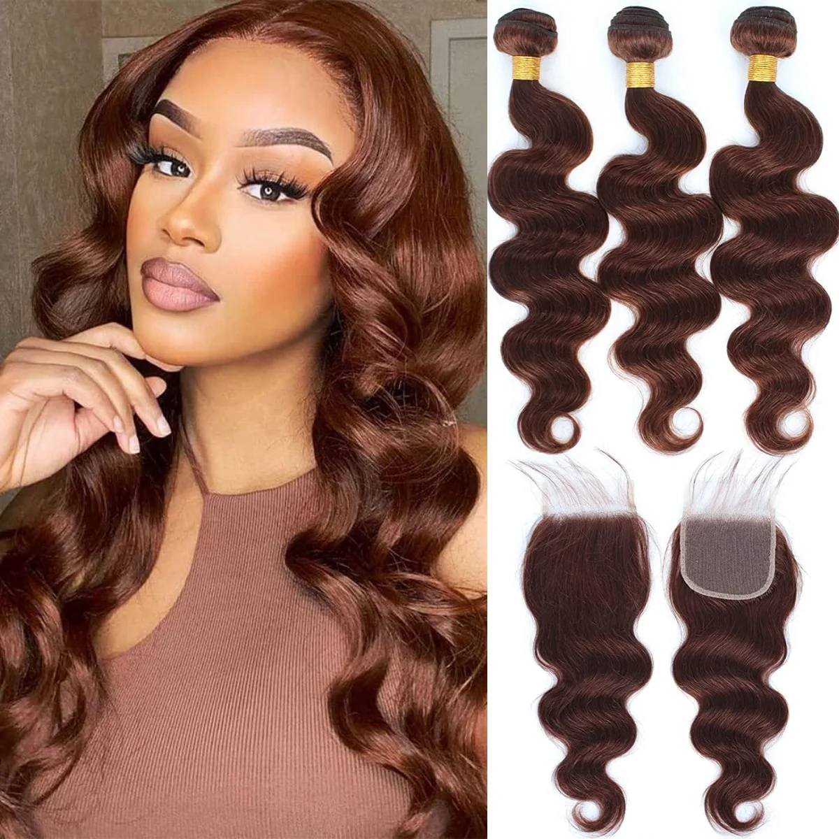 #4 Brown Human Hair Bundles With Closure Brazilian Body Wave Weave Bundles 100% Human Hair Extensions Lace Frontal Clearance