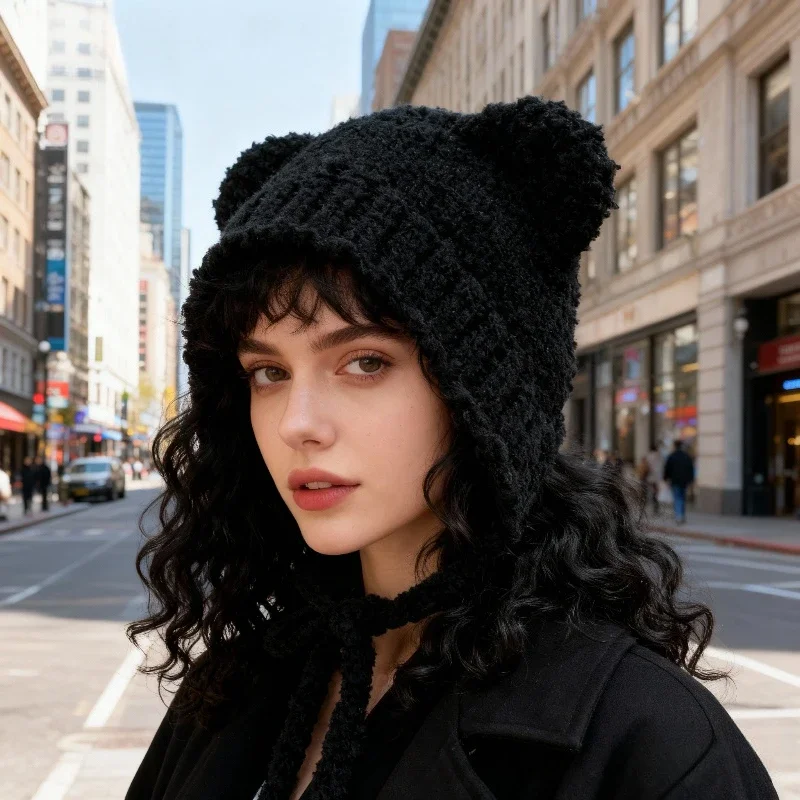 Winter-Neuheiten, Mütze für Männer und Frauen, langer Seilriemen, niedlich, superweich, Bärenohren, Strickmütze, warm halten, geeignet für den Alltag, Einkaufen