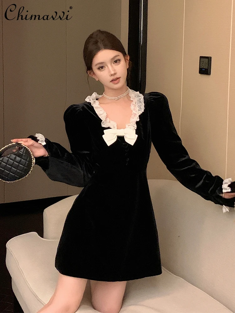 

Fashionable Elegant Women's Velvet Princess Dress Spring Autumn French Style Sweet Bow High Waist Slim Fit Black A-Line Dress