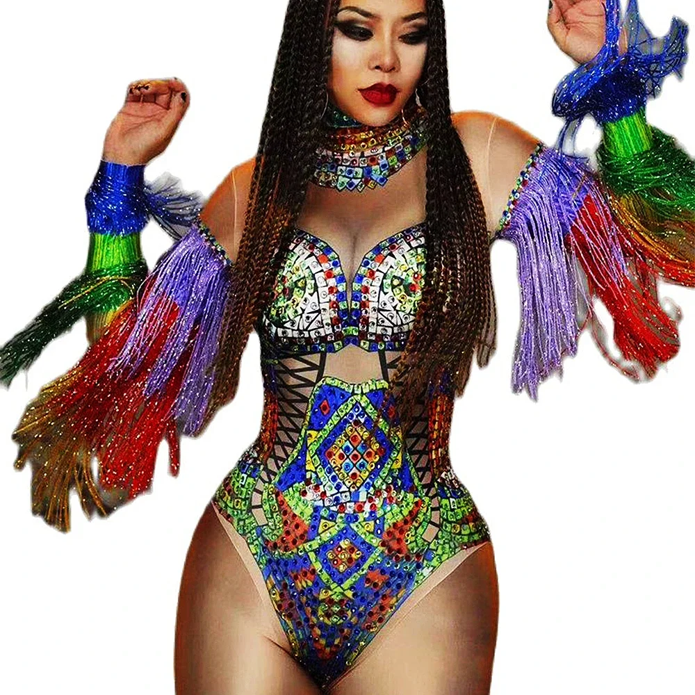 

Multi-Color Tassel Long Sleeve Women Bodysuits Mesh Perspective Personality Tight Stretch Leotard Nightclub Party Costumes