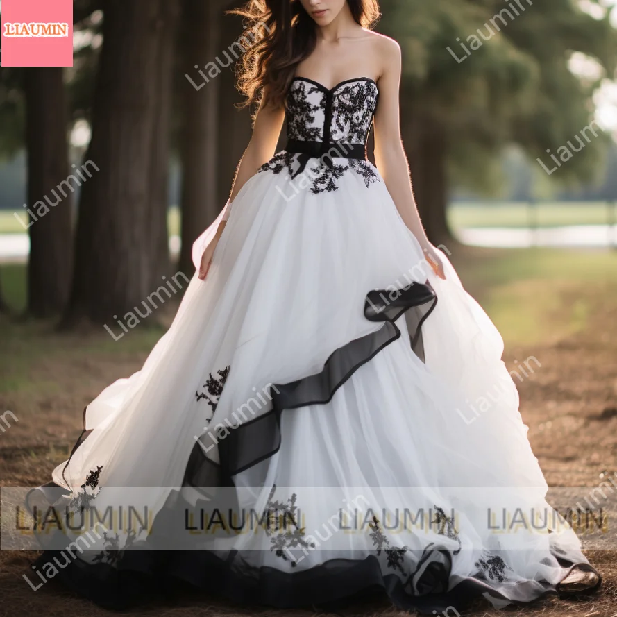 Vestidos de novia sin tirantes con apliques de encaje blanco y negro, vestidos de novia, ropa Formal hasta el suelo, hechos a mano personalizados,