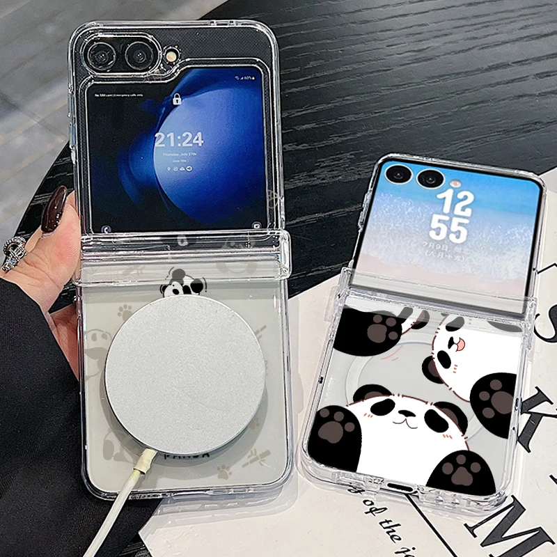 For Samsung Galaxy Z Flip 8 7 FE 6 5 4 Cute Panda Pattern Magnetic Clear PC Phone Case For Magsafe Wireless Charging Hard Cover