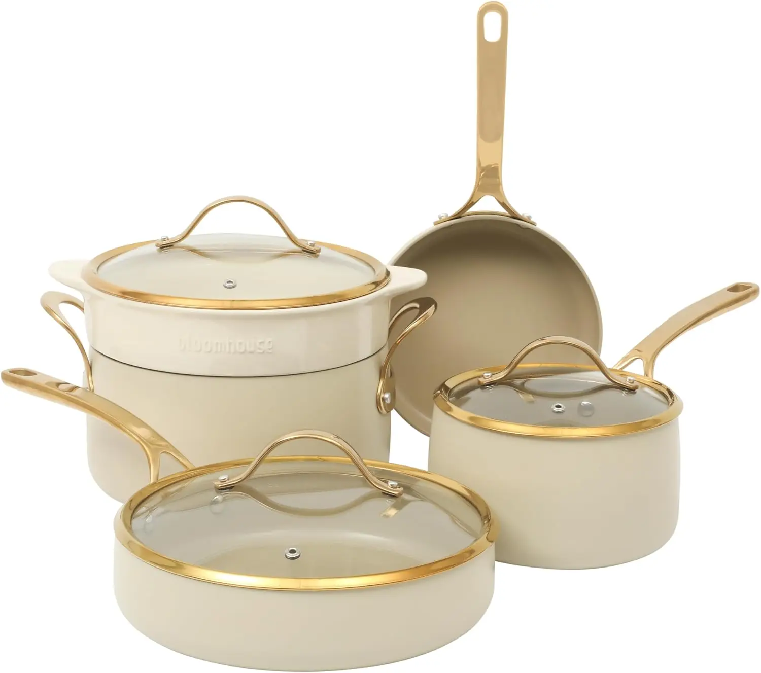 Macetas y sartenes de 8 piezas, olla de horno holandesa antiadherente de cerámica premium sin PFA de aluminio resistente con tapa, crema de almendras con mango dorado