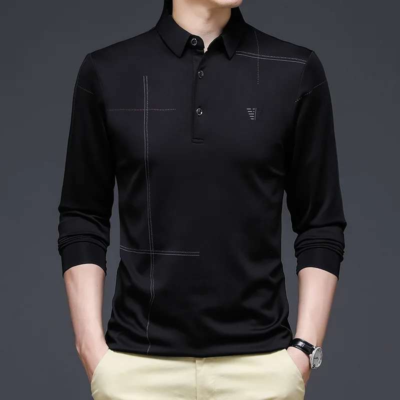 2023 Summer Thin Men\'s Ice Silk Long-sleeved T-shirt Lapel Polo Shirt Loose Spring and Autumn Clothes Top