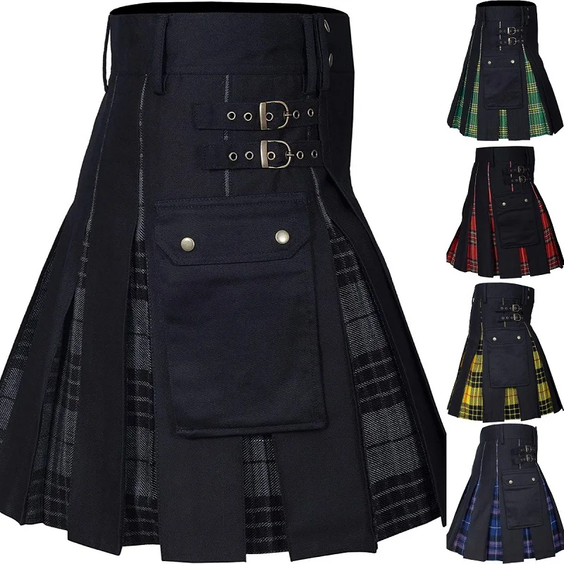 Men Scotland Kilt Traditional Plaid  Pleated Bilateral Chain Gothic Punk Hip-hop Avant Garde Scottish Tartan Trousers Skirts