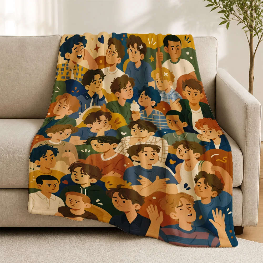 Fun Cartoon Boys Group Throw Blanket for Sofa Couch Home Decor Pop Culture Illustration Kids Living Room Accent Gift