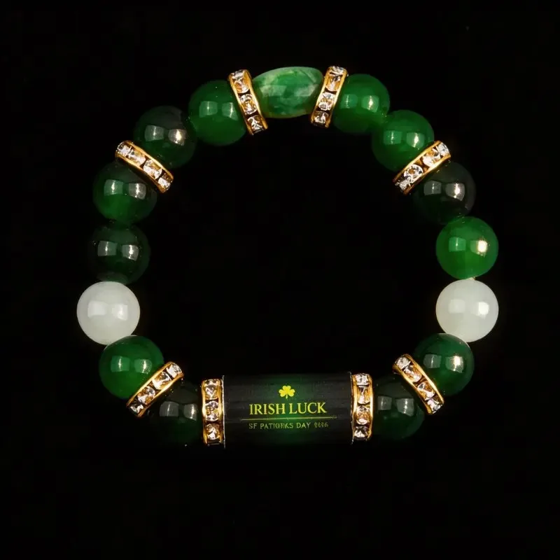 Irish Luck St. Patrick's Day Green Agate Lucky Clover Beaded Bracelert for Women Natural Stone Bracelet Jewelry Gifts - view 3