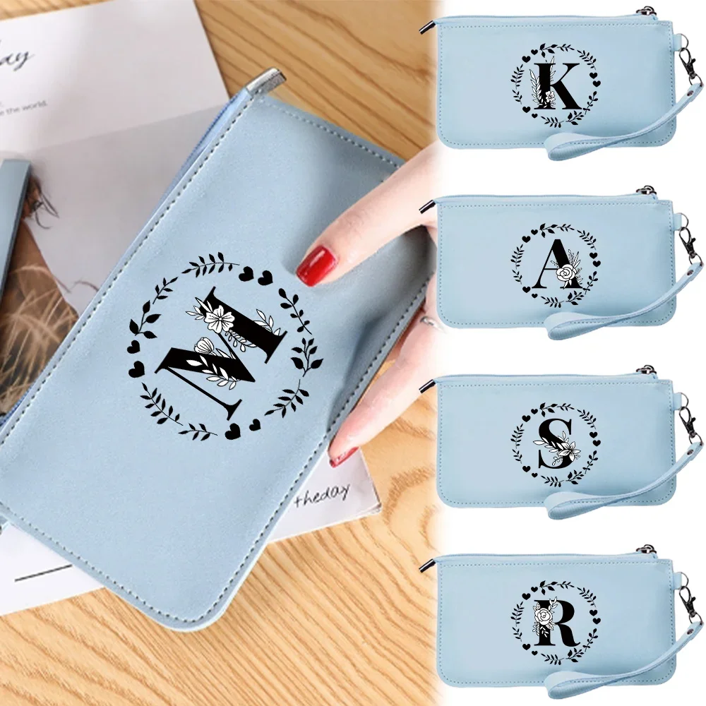 Cartera para mujer con bloqueo RFID de cuero PU con cremallera alrededor de la cartera, bolso de mano, bolso largo de viaje para mujer, patrón de letras de guirnalda