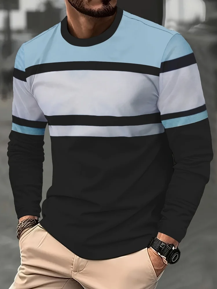 Autumn New Men's Casual Color Block Striped Round Neck Long Sleeve T-shirt Fashionable Pullover for Men Daily Wear Plus Size Top