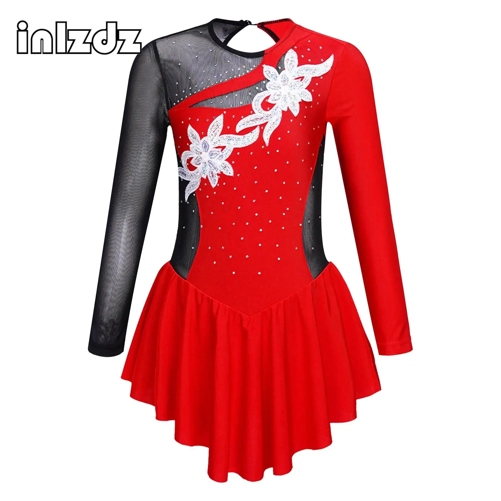 

Kids Girls Skating Dance Performance Dress Long Sleeve Round Neckline Shiny Rhinestone Flower Decorated Hollow Back Patchwork