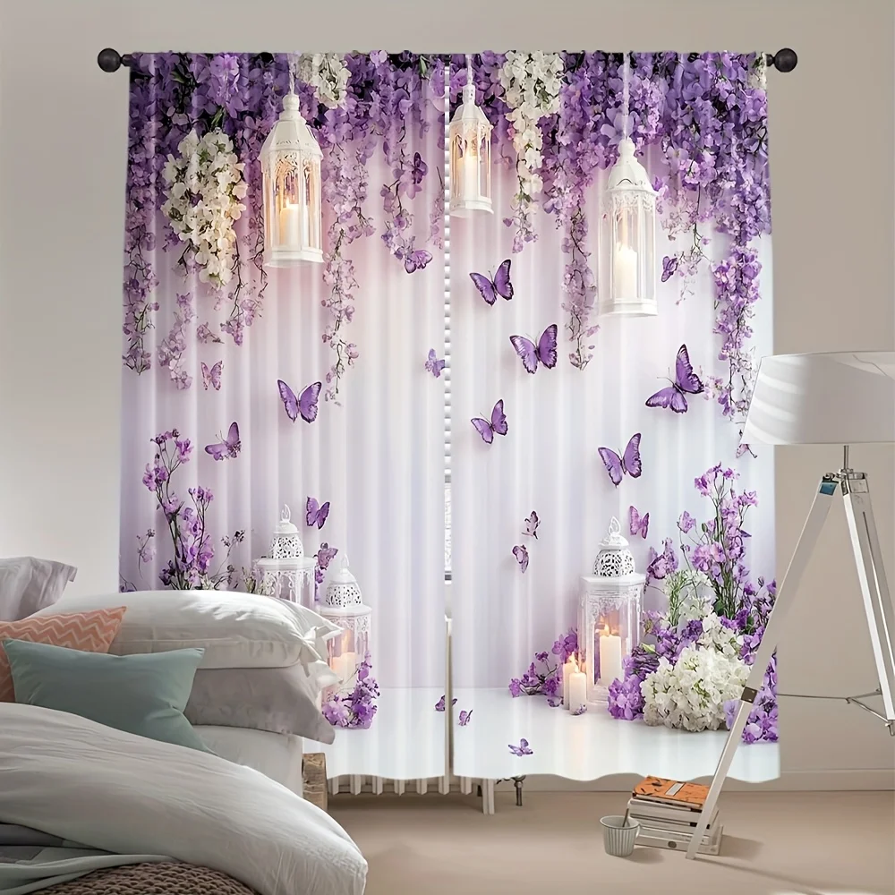 2PCS Retro Floral Butterfly Sheer Curtains – Art Deco Style Polyester, Rod Pocket for Living Room Bedroom Decor