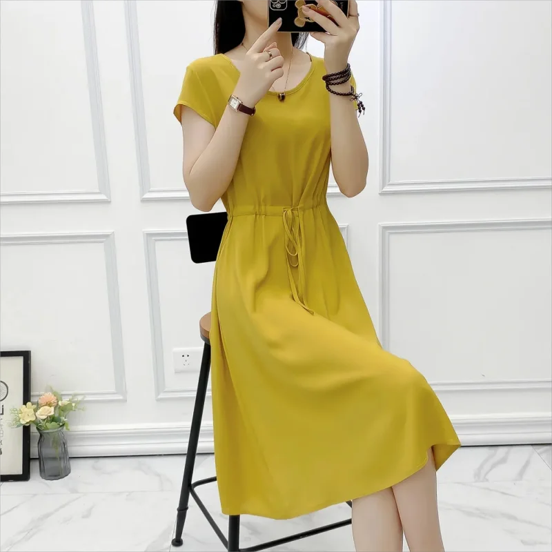 Summer fashion temperament tinta unita noil popeline dress women's 2024 new round neck knee ladies dress