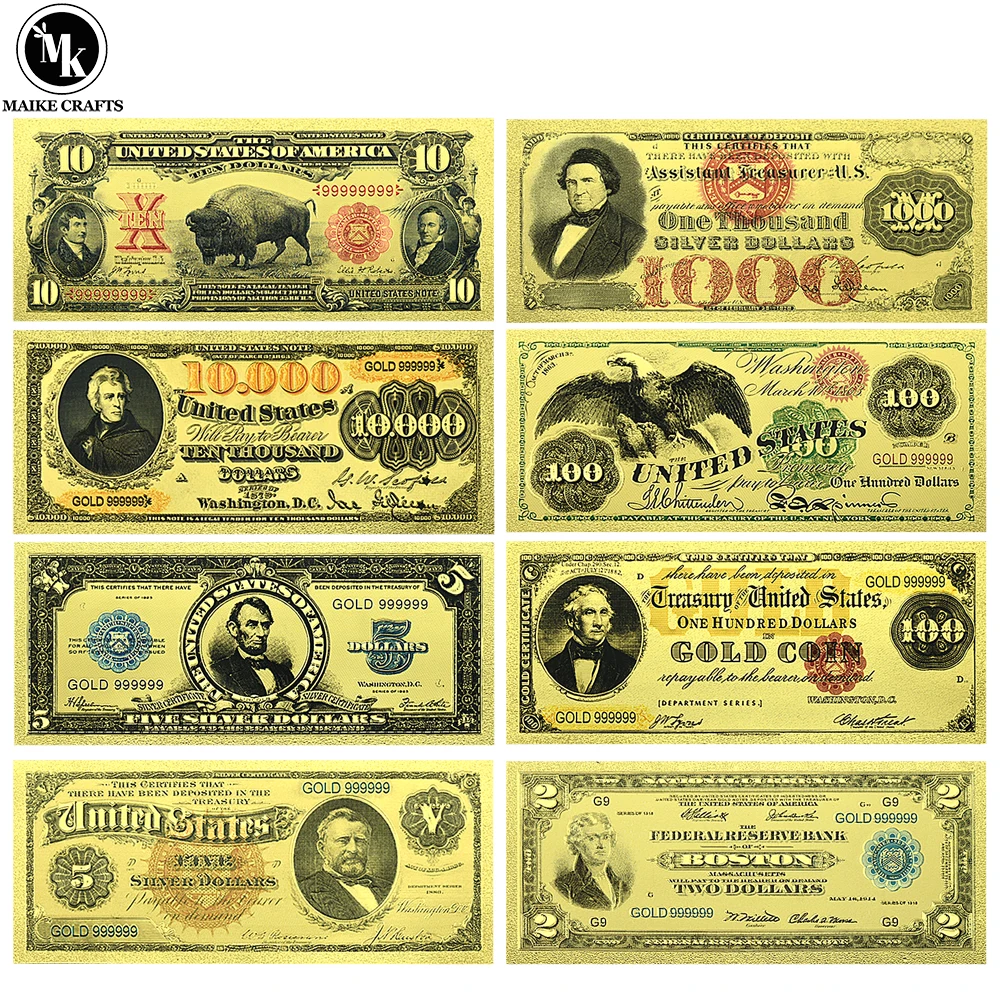 

1922 Year America Gold Foil Banknote 2 5 10 100 1000 10000 Dollar Home Decoration Plastic Money Collection Holiday Gift