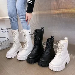 2024Women's Boots Fashion Mid Calf Boot PU Leather Casual Boots Non-Slip Platform Boots for Women Lace Up Ankle Boot Botas Mujer