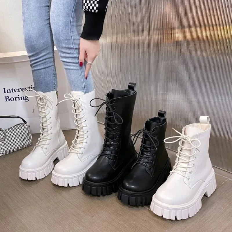 2024Buty damskie Moda Buty do połowy łydki PU Skórzane buty codzienne Antypoślizgowe buty na platformie dla kobiet Sznurowane buty do kostki Botas Mujer
