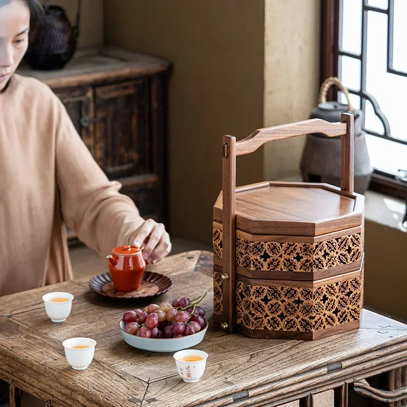 Chinese dim sum carrying box walnut tea set storage box dustproof outdoor picnic basket lacquer food box multi-layer portable