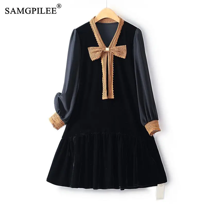 Elegant And Pretty Women's Dresses 2023 Autumn Winter Slim Bow Knot Hollow Chiffon Sleeves A Line Velvet European Luxury Dress