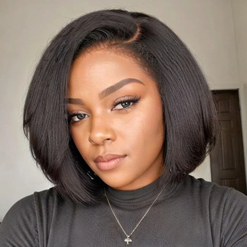 Kinky Straight Short Bob Human Hair Wigs for Women 13x4 Lace Frontal Peruvain Remy Hair Soft Yaki Bob Wig