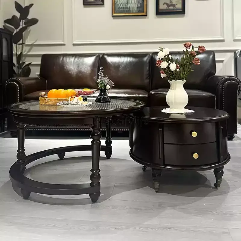 

FG52*French retro round solid wood coffee table combination American tea table retractable modern