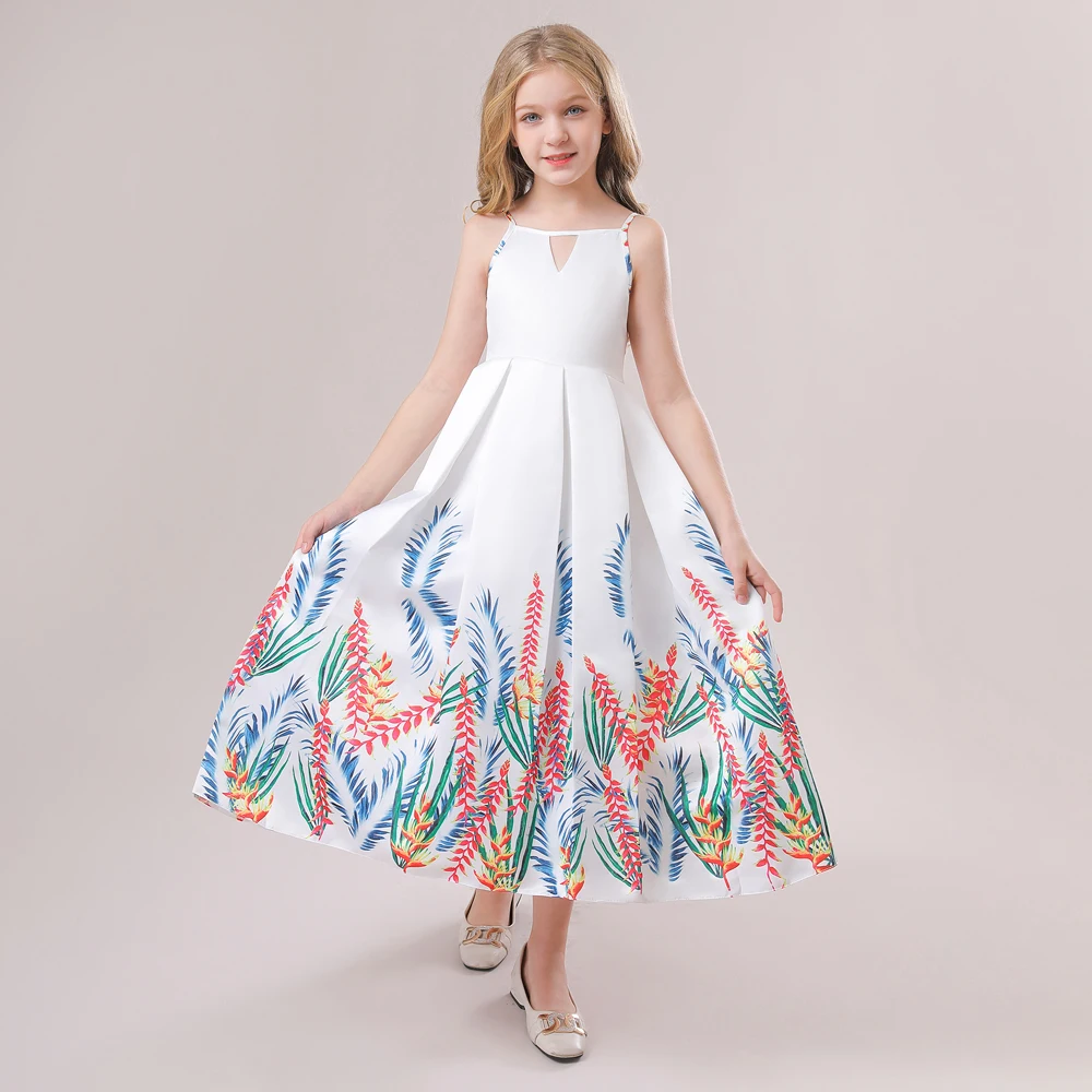 Elegant Flower Party Dresses For Girls Children Summer Long Suspenders Print White Princess Dress Girl Wedding Ball Gown Costume