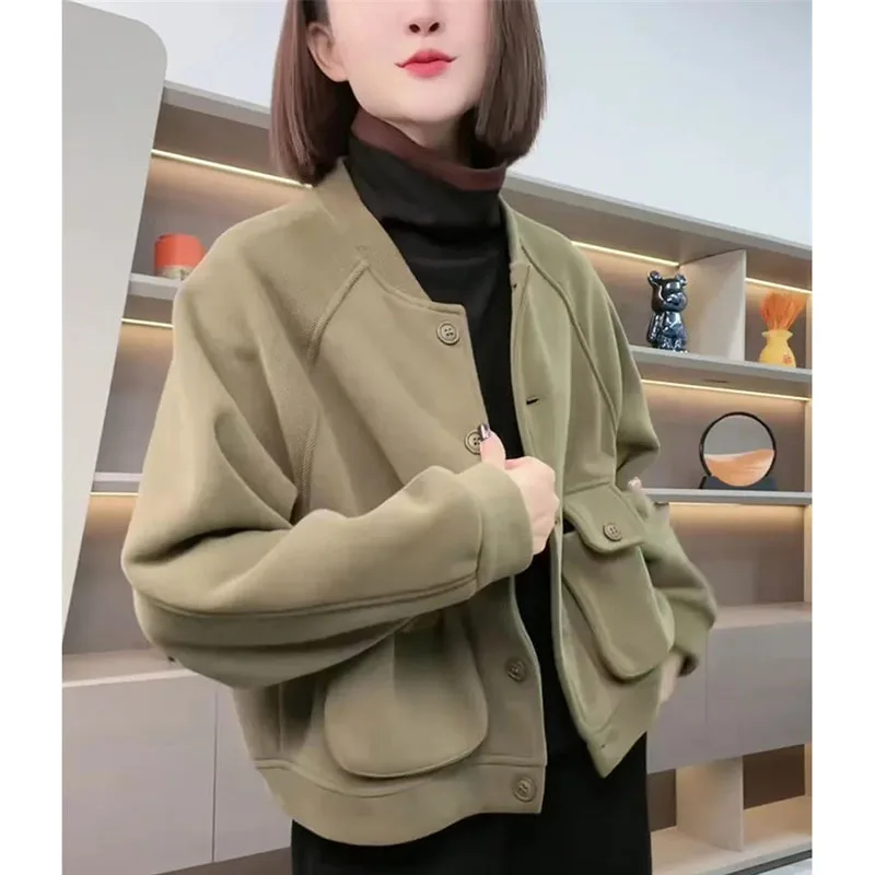 

Korean Femme Round Neck Fashion Baseball Coat Autumn Winter Women Long Sleeves Casual Outwear Ladies Solid Color Cardigan Jacket