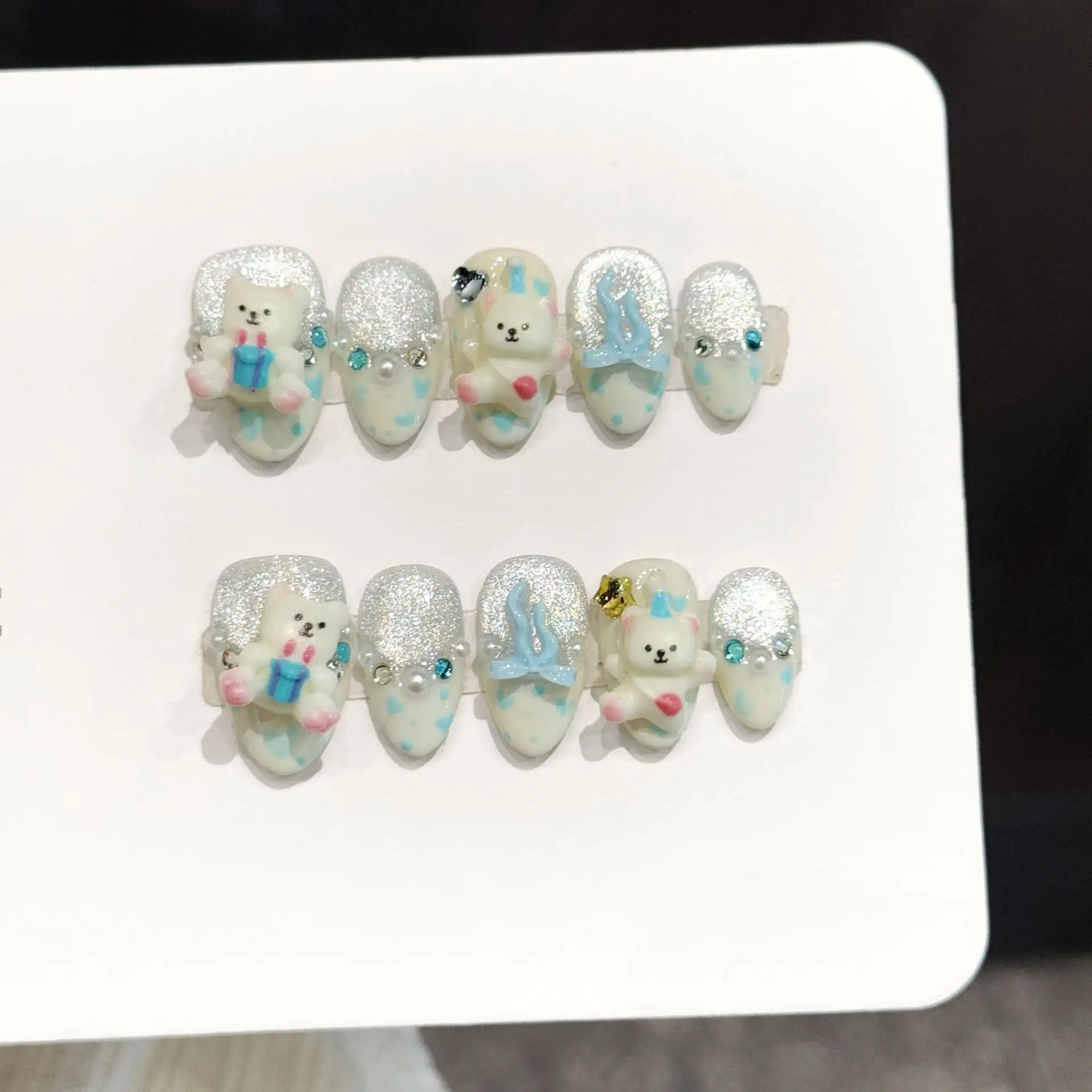 

10PCS Handmade Press on Nails Cute 3D Bear Bow Blue Polka Dot Fake Nails Short Almond False Nails for Girls Birthday Party