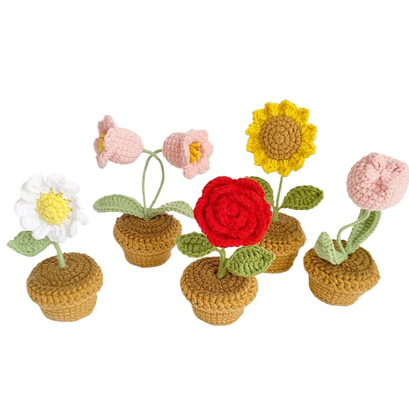 Handmade Yarn Weaving Potted Plants, Car Mounted Potted Plants, Simulated Flowers, Sunflowers, Roses, Finished Decorations