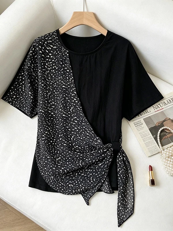

plus Size Women's Fashionable Splice Leopard Print Short Sleeve Top Slimming Design Summer New Arrival Korean Style round Neck