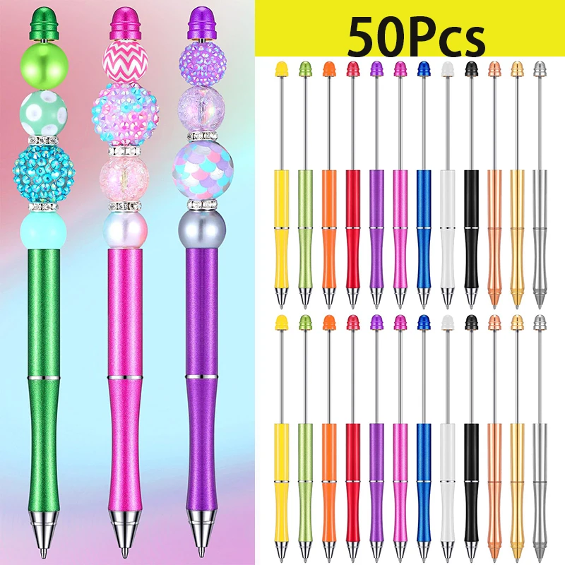 

50Pcs Metal Beadable Pens Multicolor Ballpoint Bead Pens Beads Beads Black Ink for Office School Women Kids Students DIY Making