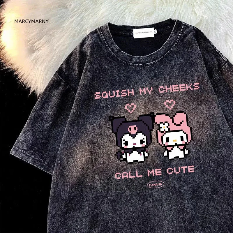 

High Quality Kuromi Melody Washed Black Short Sleeved T-shirt for Women Summer Japanese Versatile Y2k Top Goth Oversized T Shirt