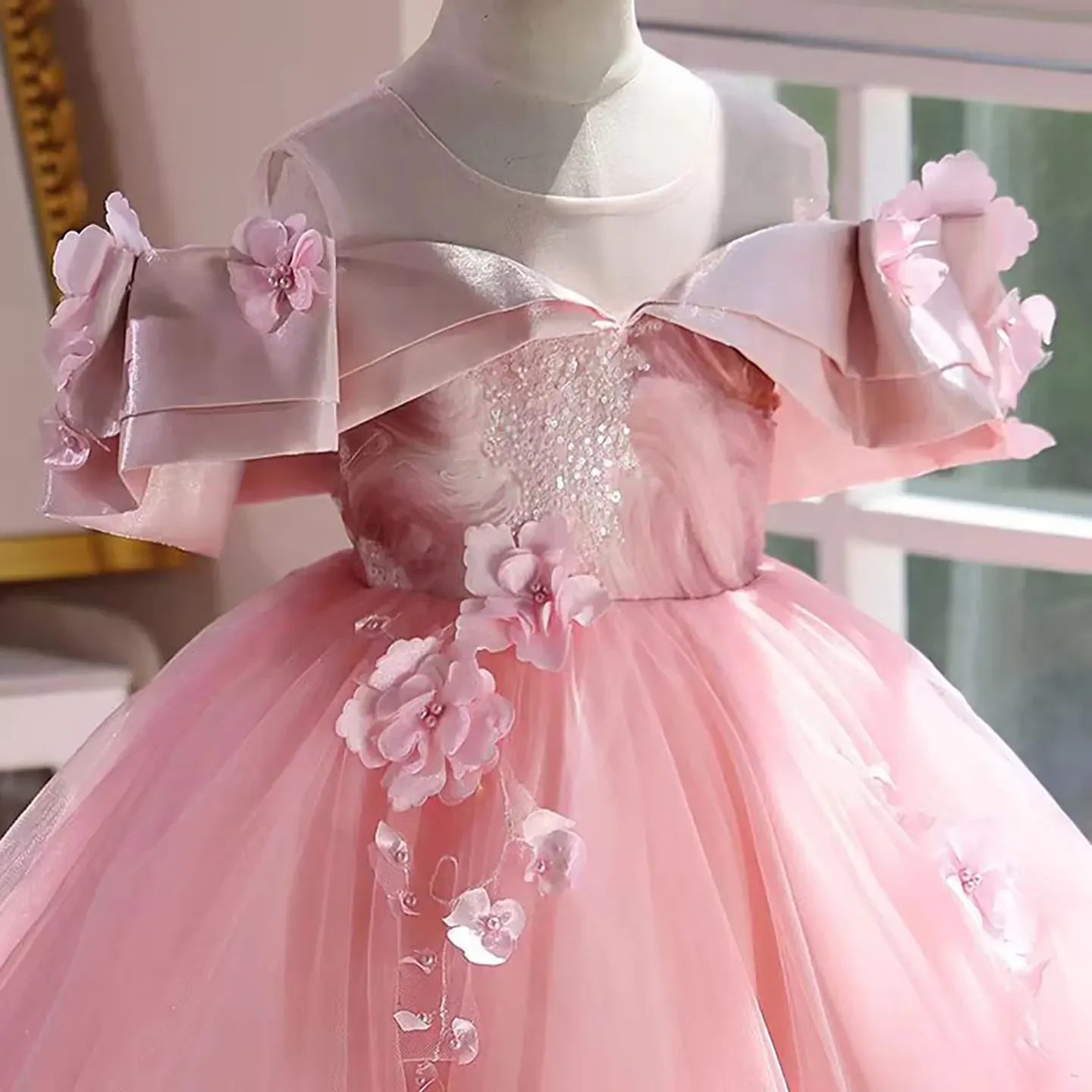 تخصيص جميل الوردي خارج الكتف زين تول الوردي زهرة فتاة فستان طويل للمناسبات الخاصة الزفاف مساء ثوب الحزب