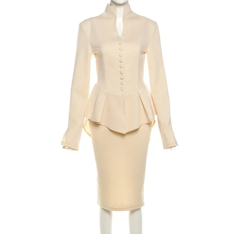 Office Lady 2 Piece Set Women 2025 Autumn Stand Collar Long Sleeve Single Breasted Ruffles Blazer Coat Tops + Mini Skirts Suits