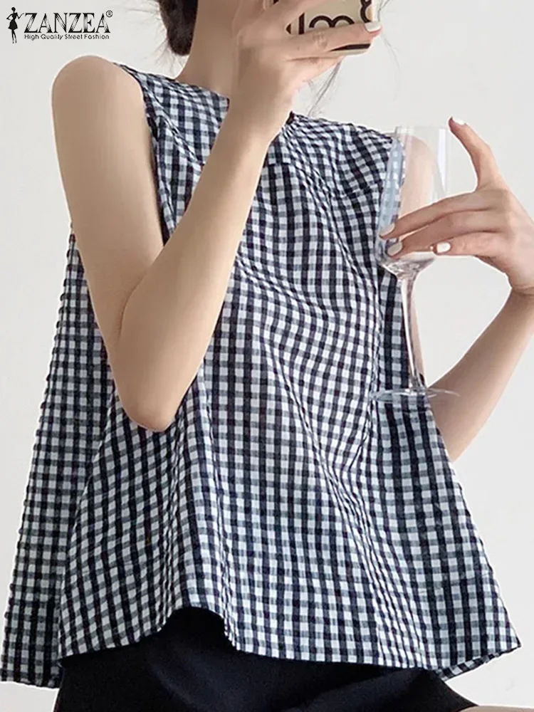 ZANZEA Summer Harajuku Tank Tops Women Korean Sleeveless Plaid Camis 2024 Blouse Fashion Sweety O-Neck Shirts Casual Loose Tunic