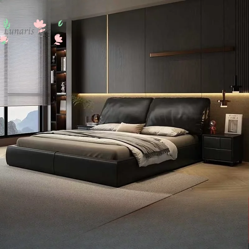 Minghui Jincheng Italian-style minimalist elephant ear genuine leather bed, master bedroom with a premium feel, adjustable soft