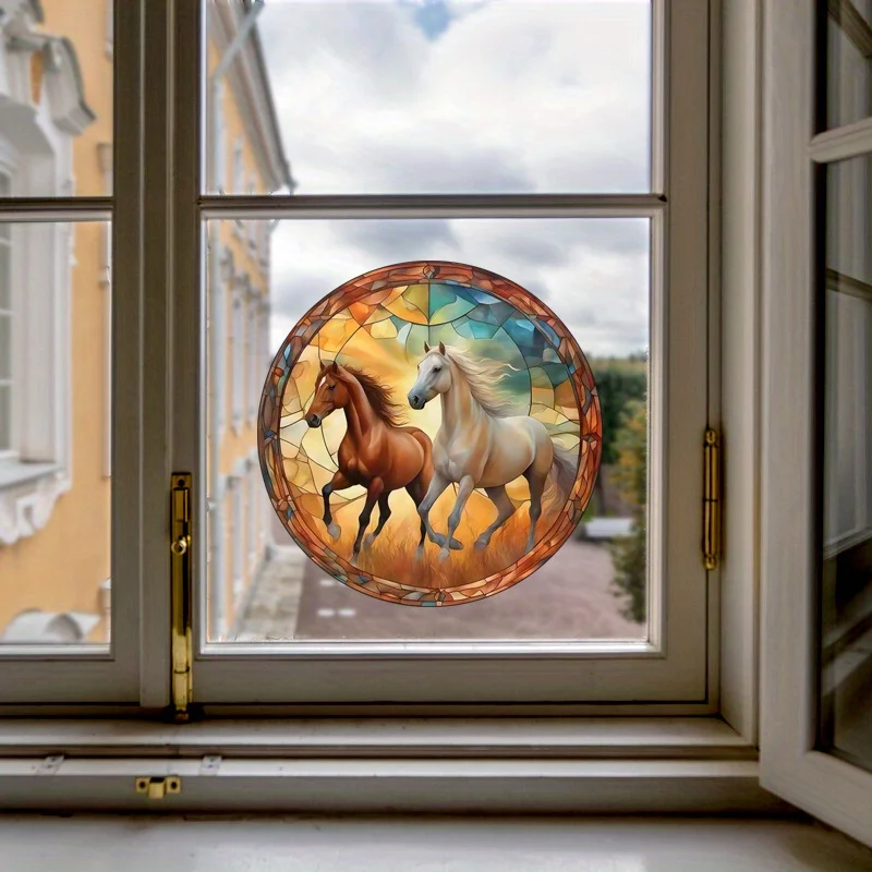 ملصق زجاجي ثابت التشبث ، ملصق نافذة لاصق مجاني ، فن تصادم التقاط أشعة الشمس ، ديكور المنزل-حصان #50