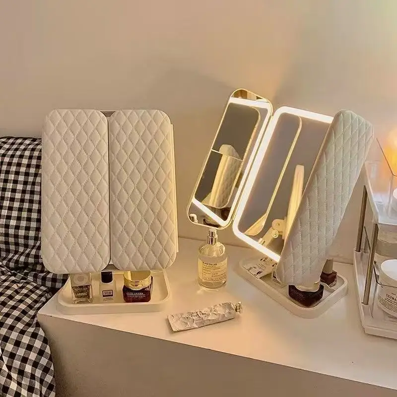 

2025 New Fashion Light Luxury Folding 3-in-1 Makeup Mirror LED Light Intelligent Touch USB Charging Desktop Makeup Mirror