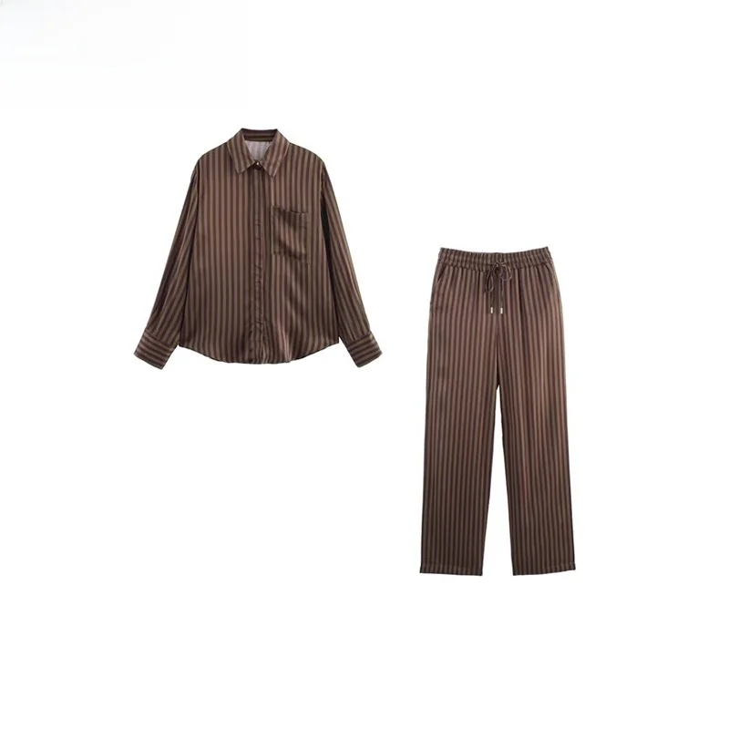 

Spring New Women's Sle Striped Silk Satin Feel irt Pants Set Long Sve Button up Polyester Fiber Faionable Outfit