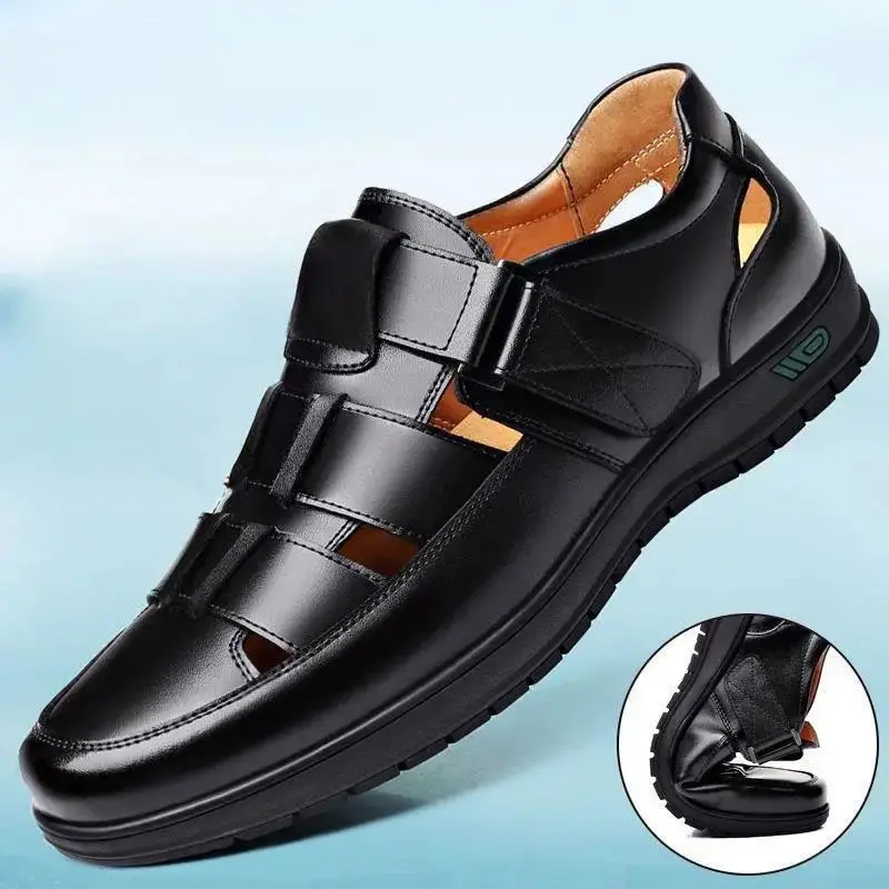 2026 Men Leather Shoes Business Casual Forma Wear High Heels Soft Sole Non-Slip Summer Sandals Black Leather Shoes