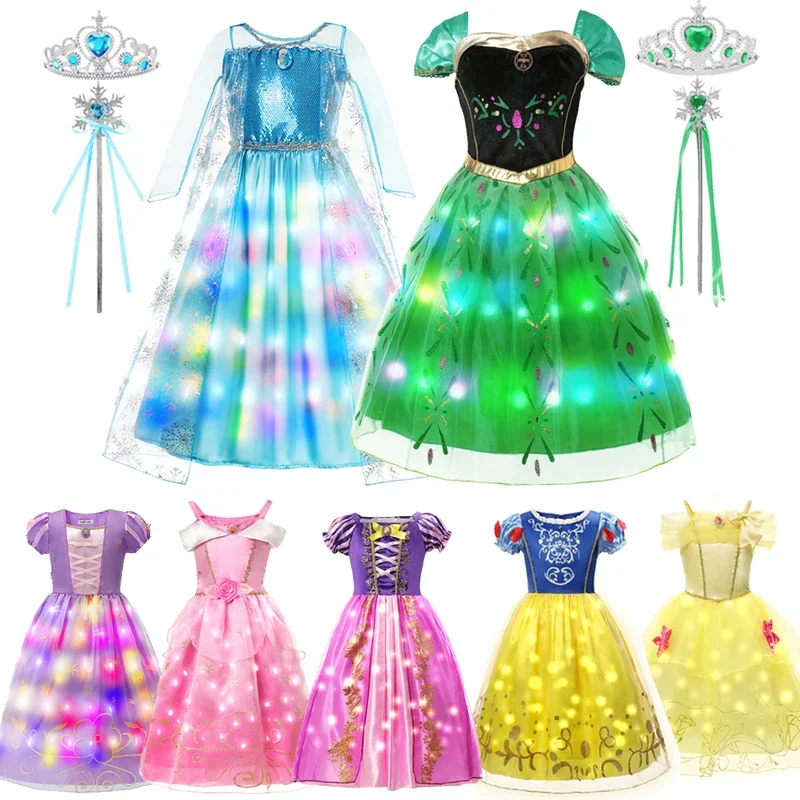 Disney Frozen Princess Elsa Anna LED Light Up Dress Girls Kids Cosplay Party Clothes Belle Rapunzel Luminous Aurora Prom Gown